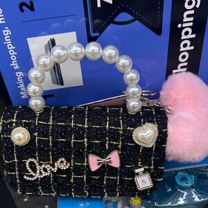 Chic Black and Gold Tweed Handbag with Pearl Handle designer inspired 5+